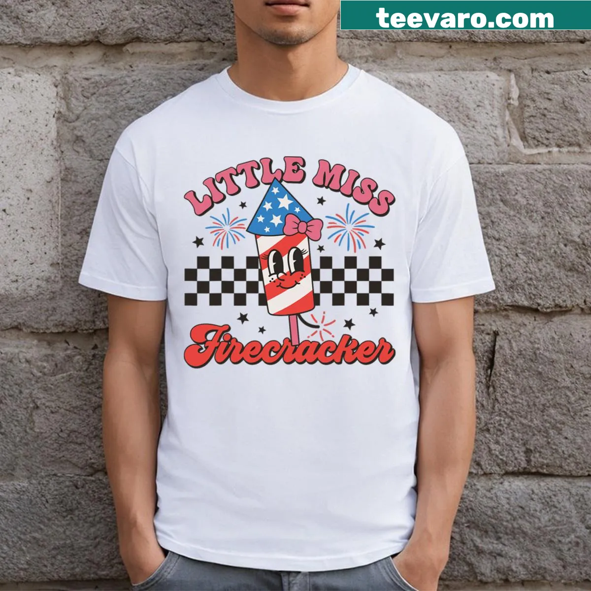 Toddler T-shirt with 'Little Miss Firecracker' and festive design — on a men's t-shirt