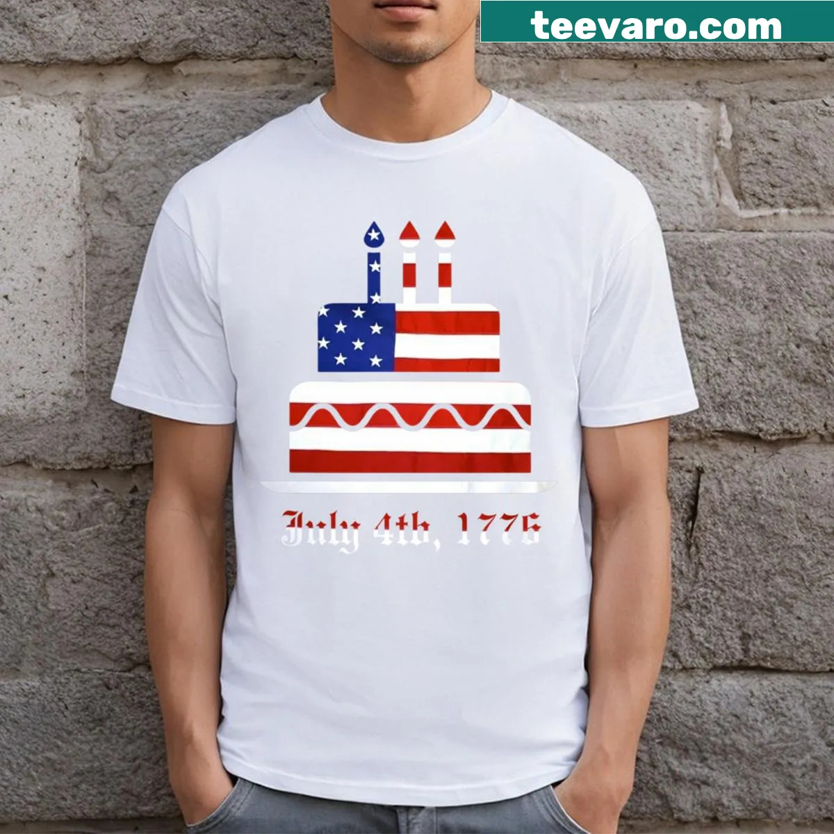 4th of July T-shirt featuring American flag and birthday cake design — on a men's t-shirt