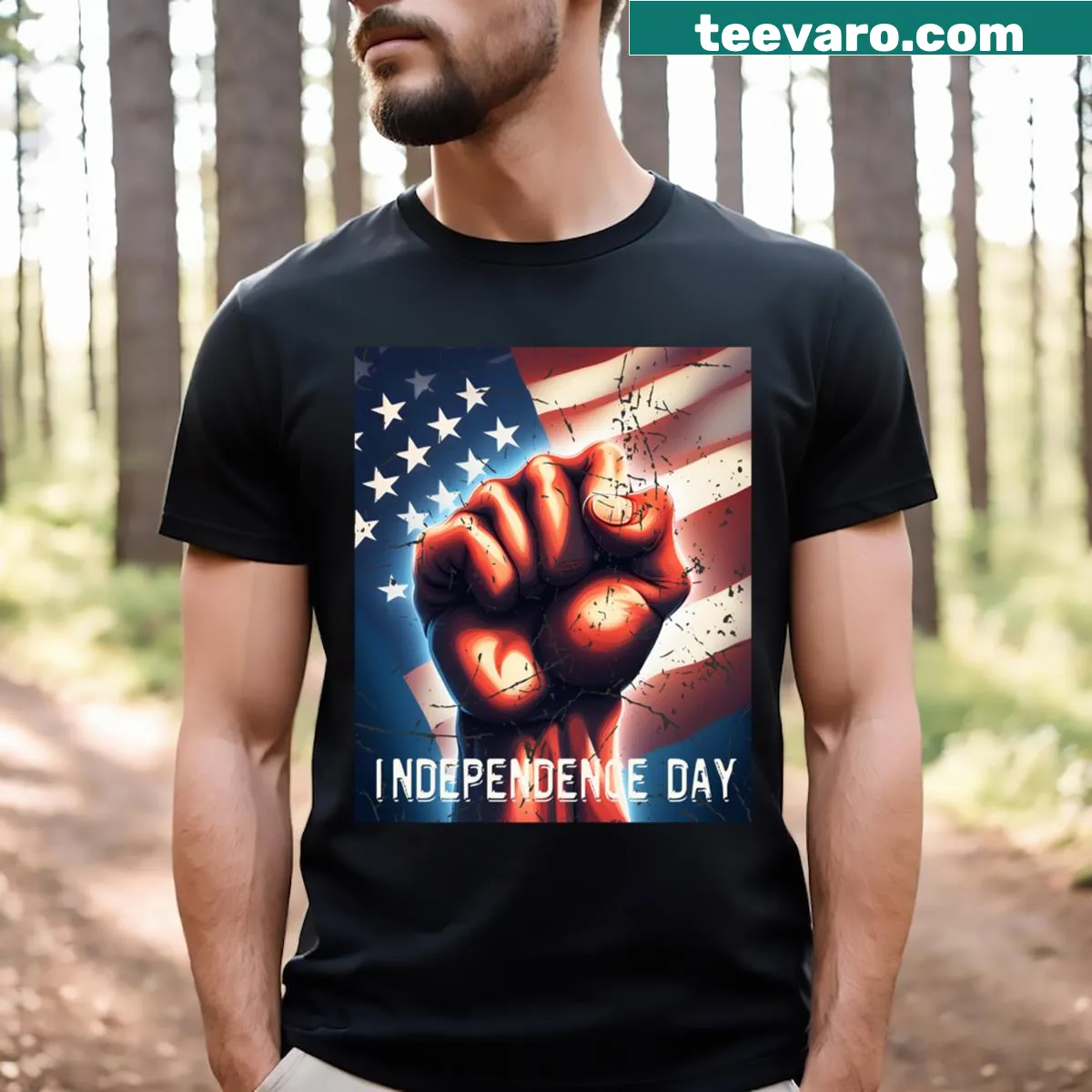 T-shirt featuring a bold fist graphic for Independence Day — on a men's t-shirt