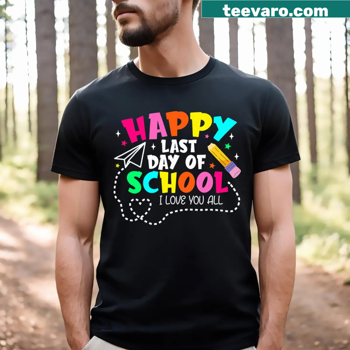 T-shirt celebrating the last day of school with a summer theme — on a men's t-shirt