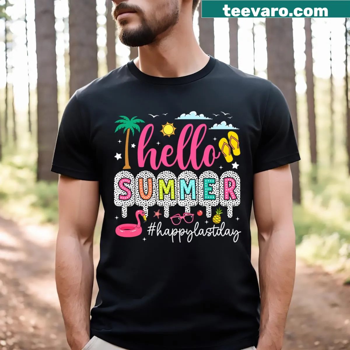 T-shirt celebrating the last day of school with a summer greeting — on a men's t-shirt