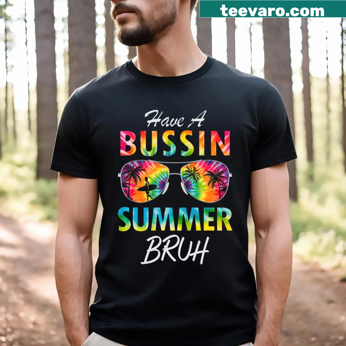 Funny retro T-shirt with sunglasses and summer message — on a men's t-shirt