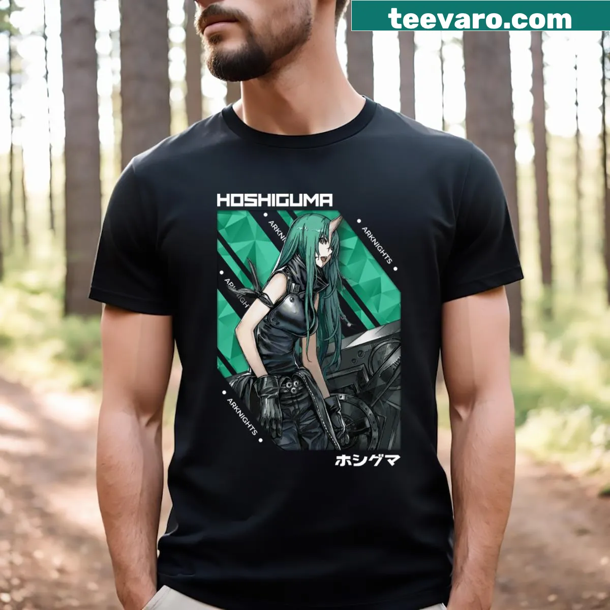 Hoshiguma Arknights V1 T-shirt with character design — on a men's t-shirt