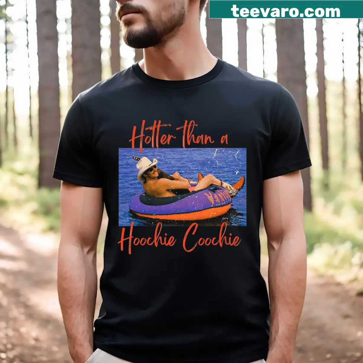 T-shirt with 'Hotter Than A Hoochie Coochie' text for country music fans — on a men's t-shirt