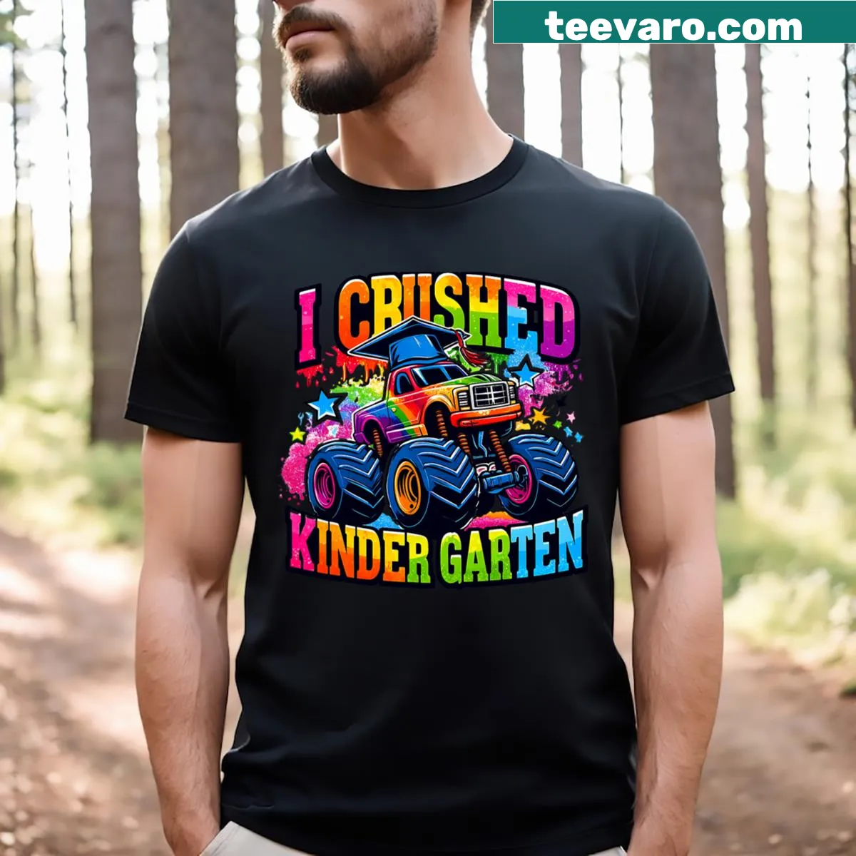 Kindergarten graduation t-shirt featuring a monster truck graphic — on a men's t-shirt