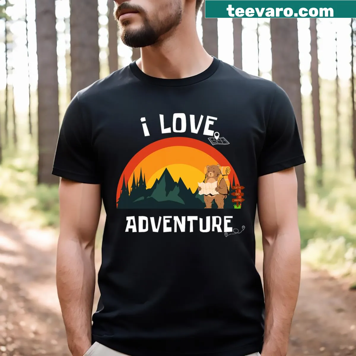 Bear graphic illustrating adventure and hiking gear on T-shirt — on a men's t-shirt