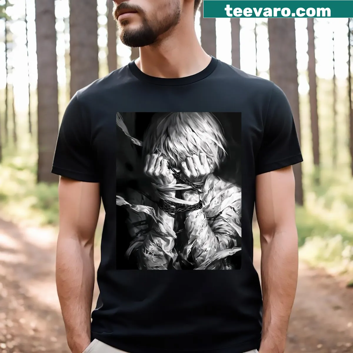Anime-themed T-shirt featuring imaginative graphic design — on a men's t-shirt