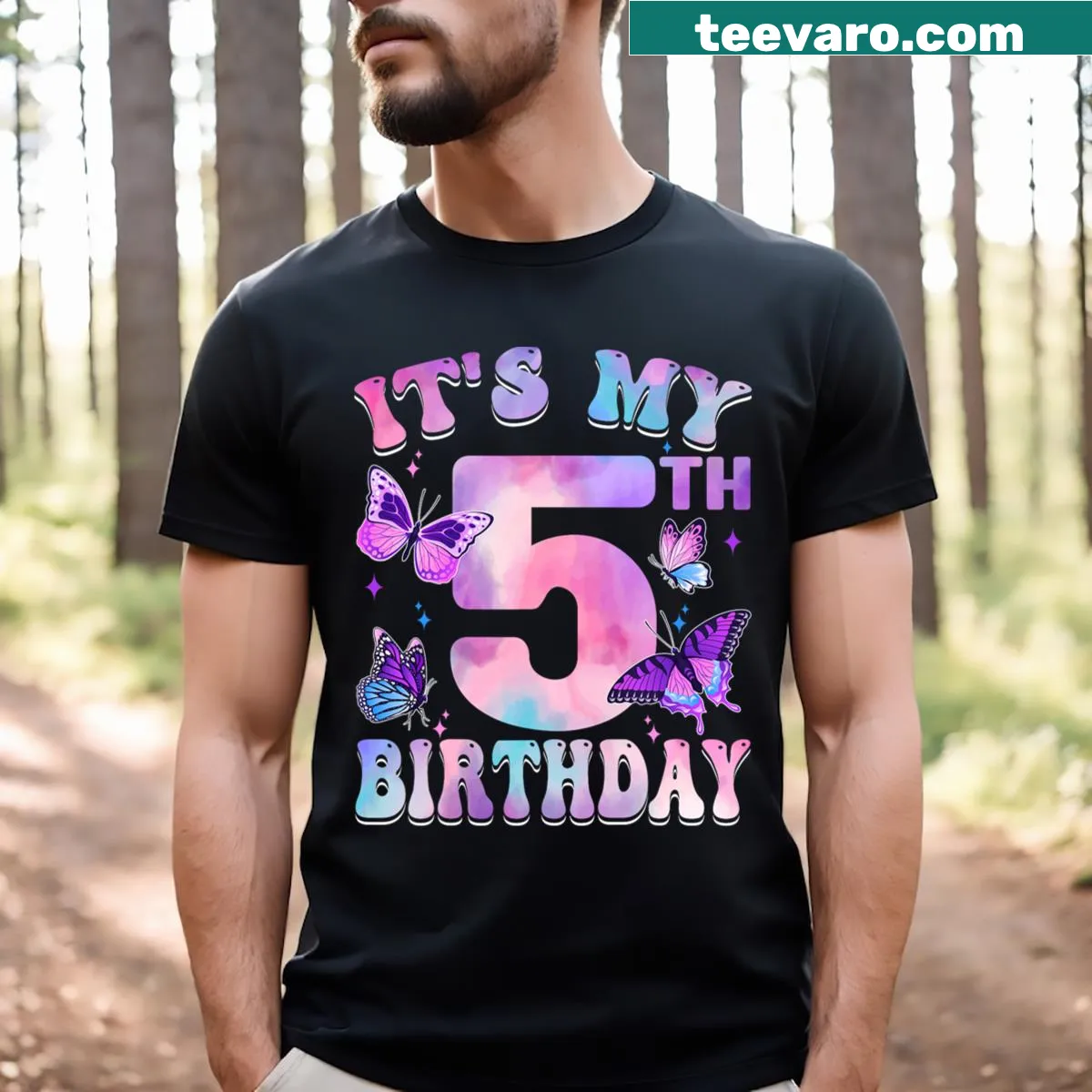 Butterfly-themed design for a 5th birthday party on T-shirt — on a men's t-shirt