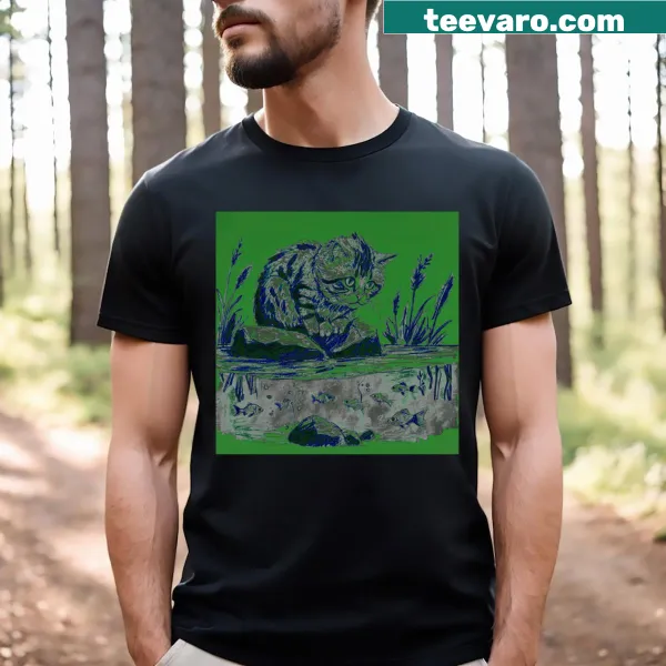 Illustration of a kitten by a pond on a T-shirt