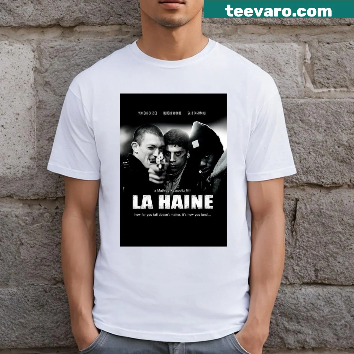 Minimalist La Haine typography on a vintage T-shirt. — on a men's t-shirt