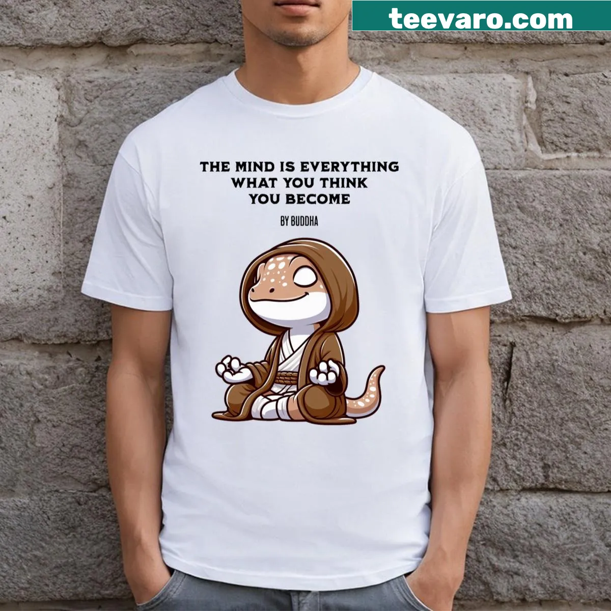 Illustrative lizard design with the text 'Law of Attraction' on the t-shirt. — on a men's t-shirt