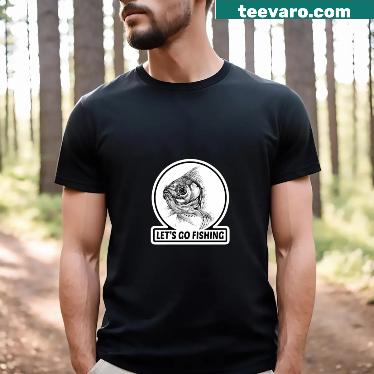 T-shirt featuring a fishing-themed illustration — on a men's t-shirt