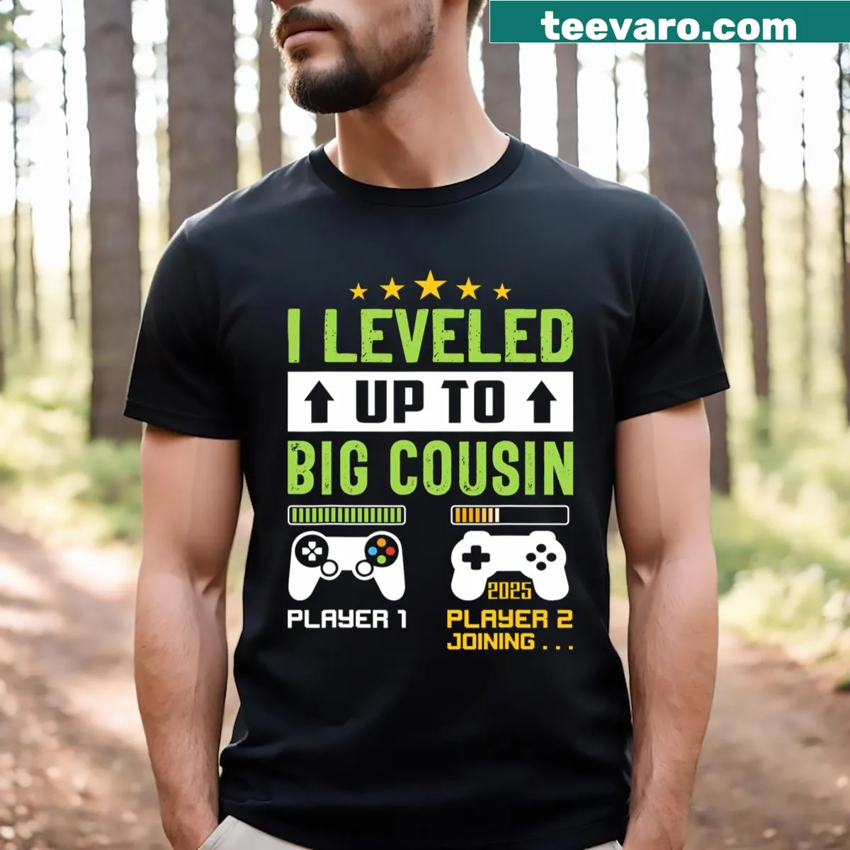 T-shirt announcing 'I'm Going To Be A Big Cousin 2025'. — on a men's t-shirt
