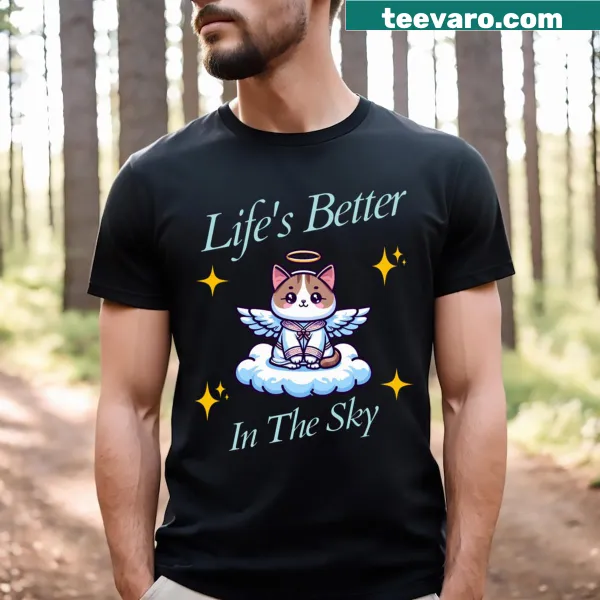 Cat-themed shirt with whimsical illustration and text