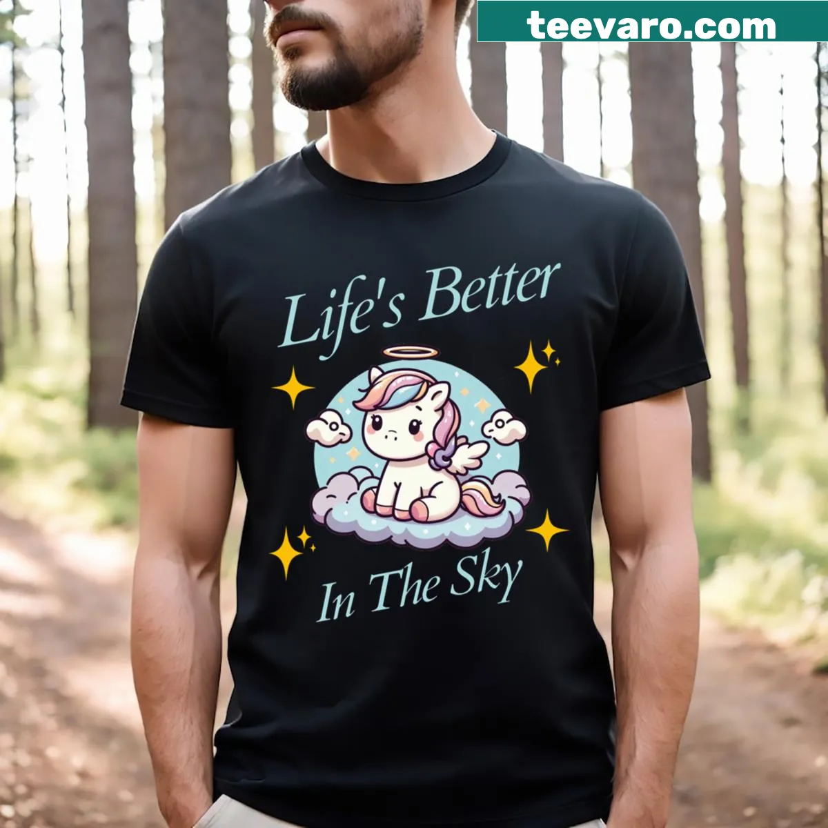 T-shirt featuring a horse soaring in the sky — on a men's t-shirt