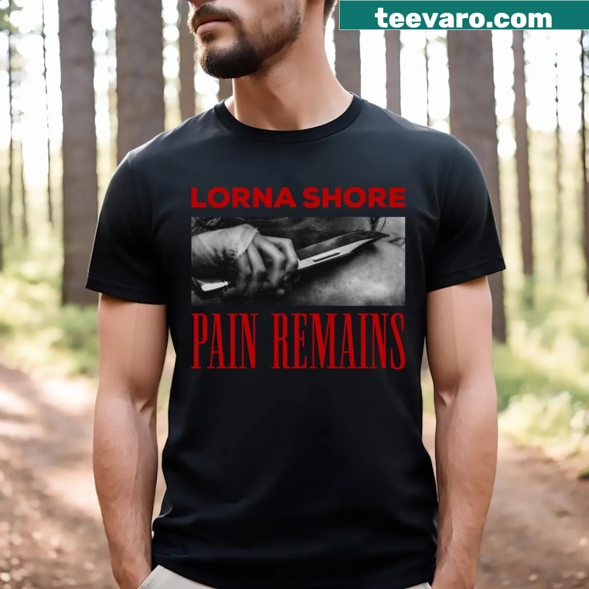 Bold graphic design representing Lorna Shore with the phrase 'Pain Remains' for fans of heavy music — on a men's t-shirt