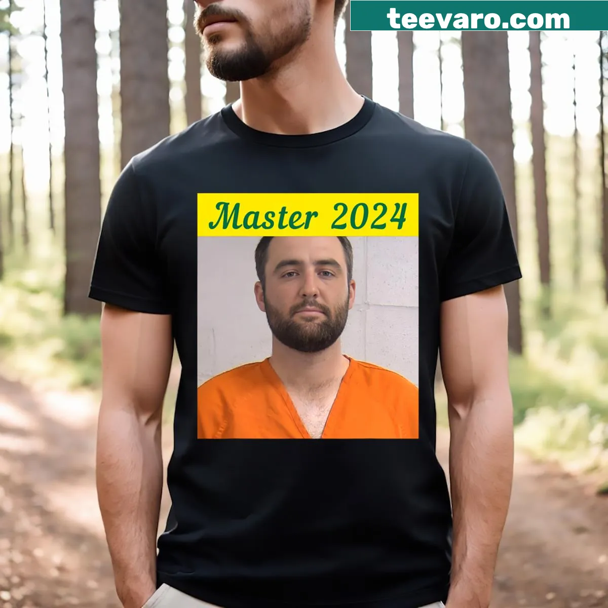 Master 2024 Mugshot t-shirt with caricatured Scottie dog design — on a men's t-shirt