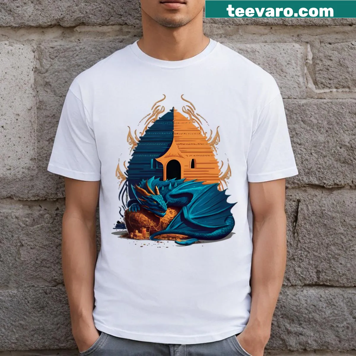 T-shirt with an illustration of a mystic dragon's lair — on a men's t-shirt