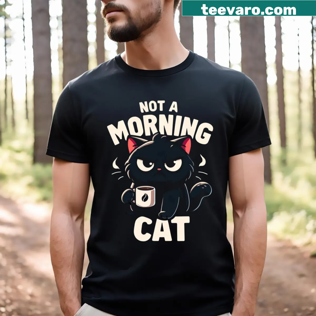 Funny T-shirt featuring a grumpy cat with coffee graphic — on a men's t-shirt