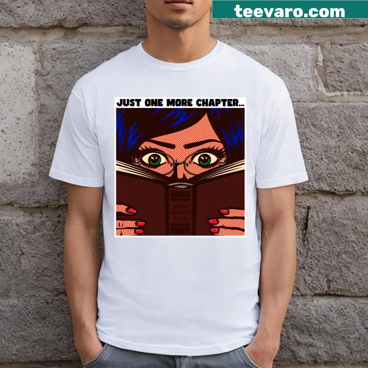 T-shirt with the text 'One More Chapter' celebrating book addiction — on a men's t-shirt