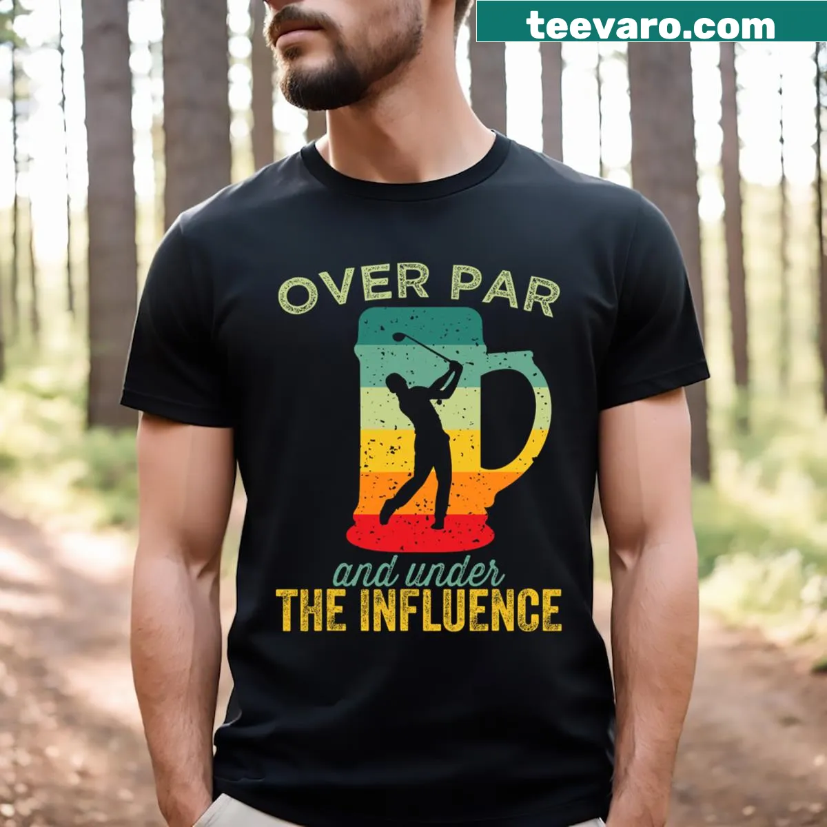Funny golf t-shirt with the text 'Over Par And Under The Influence' — on a men's t-shirt