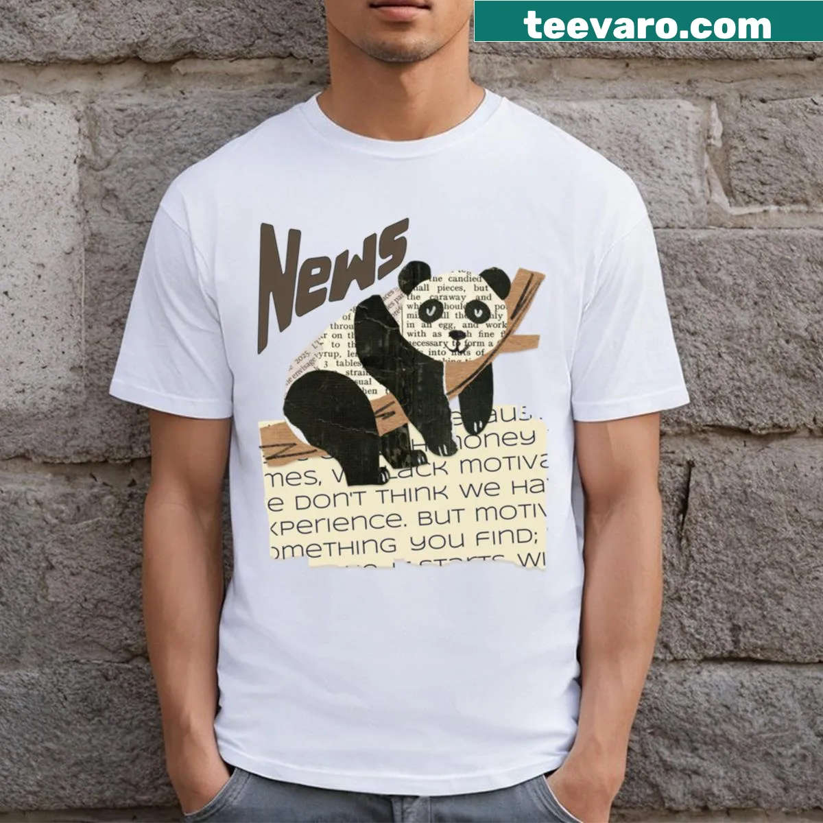 Illustration of a panda sitting on a tree branch — on a men's t-shirt