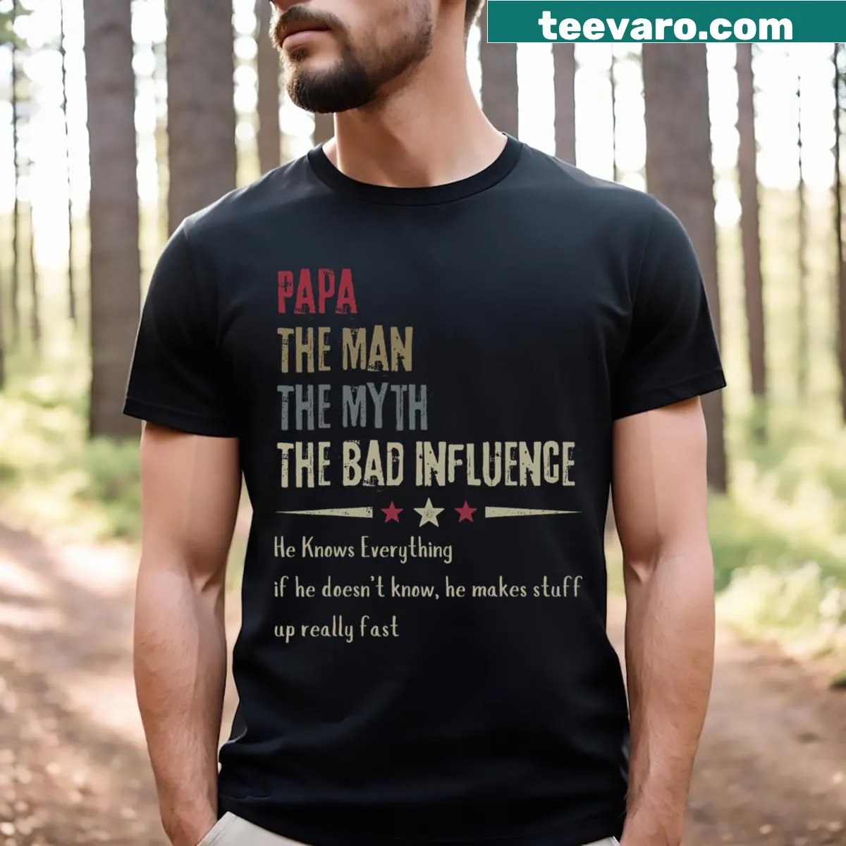 T-shirt featuring 'Papa The Man The Myth The Bad Influence' in bold text — on a men's t-shirt