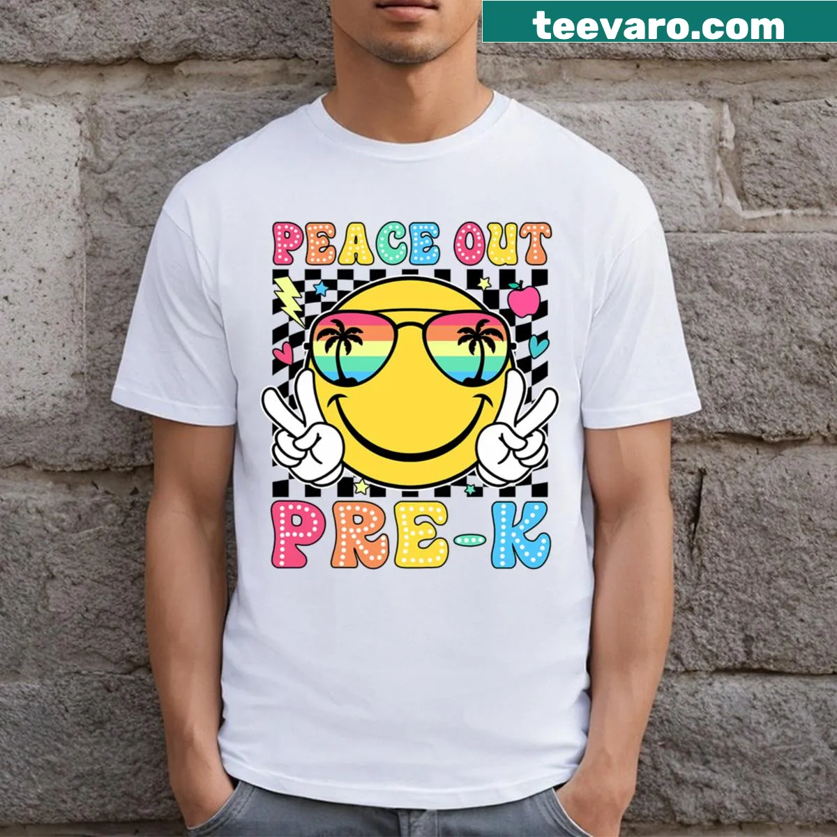 Pre K graduation T-shirt with 'Peace Out Pre K' text — on a men's t-shirt
