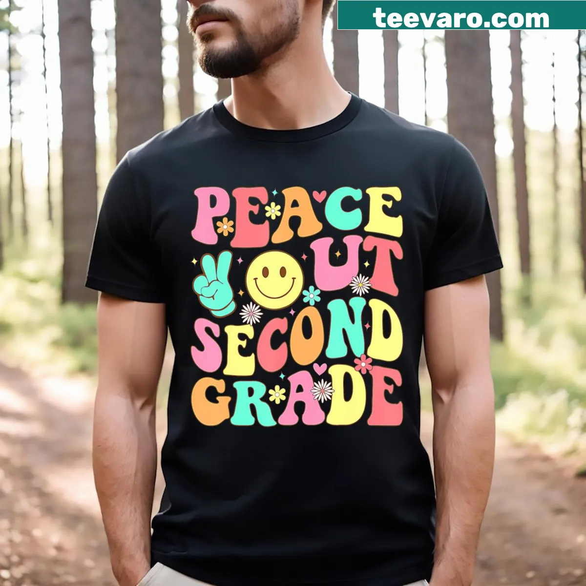 Groovy T-shirt with 'Peace Out Second Grade' text — on a men's t-shirt