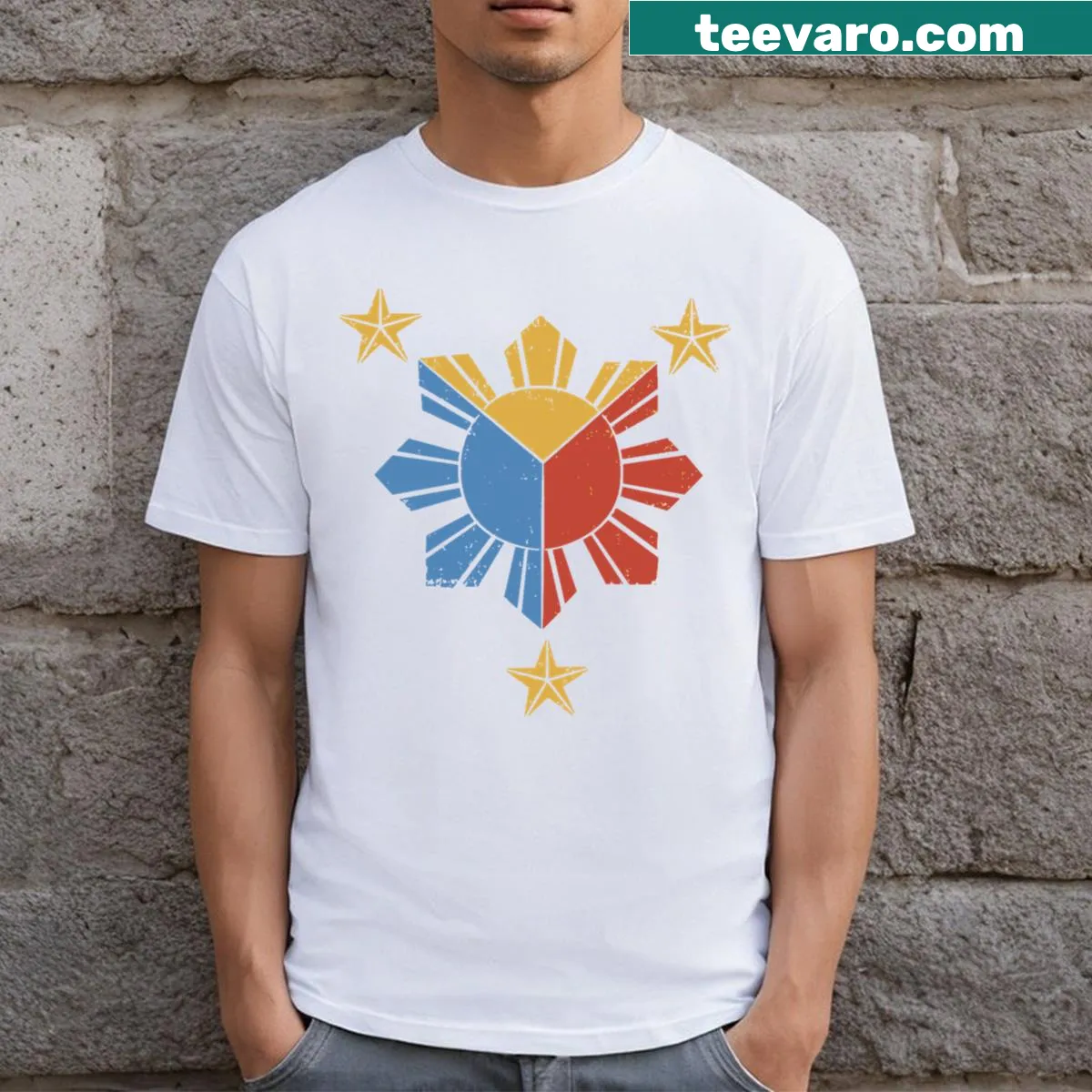 Philippines flag t-shirt with sun and cultural graphic — on a men's t-shirt