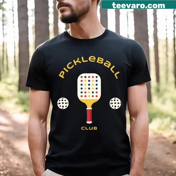 Graphic T-shirt featuring pickleball paddles and balls