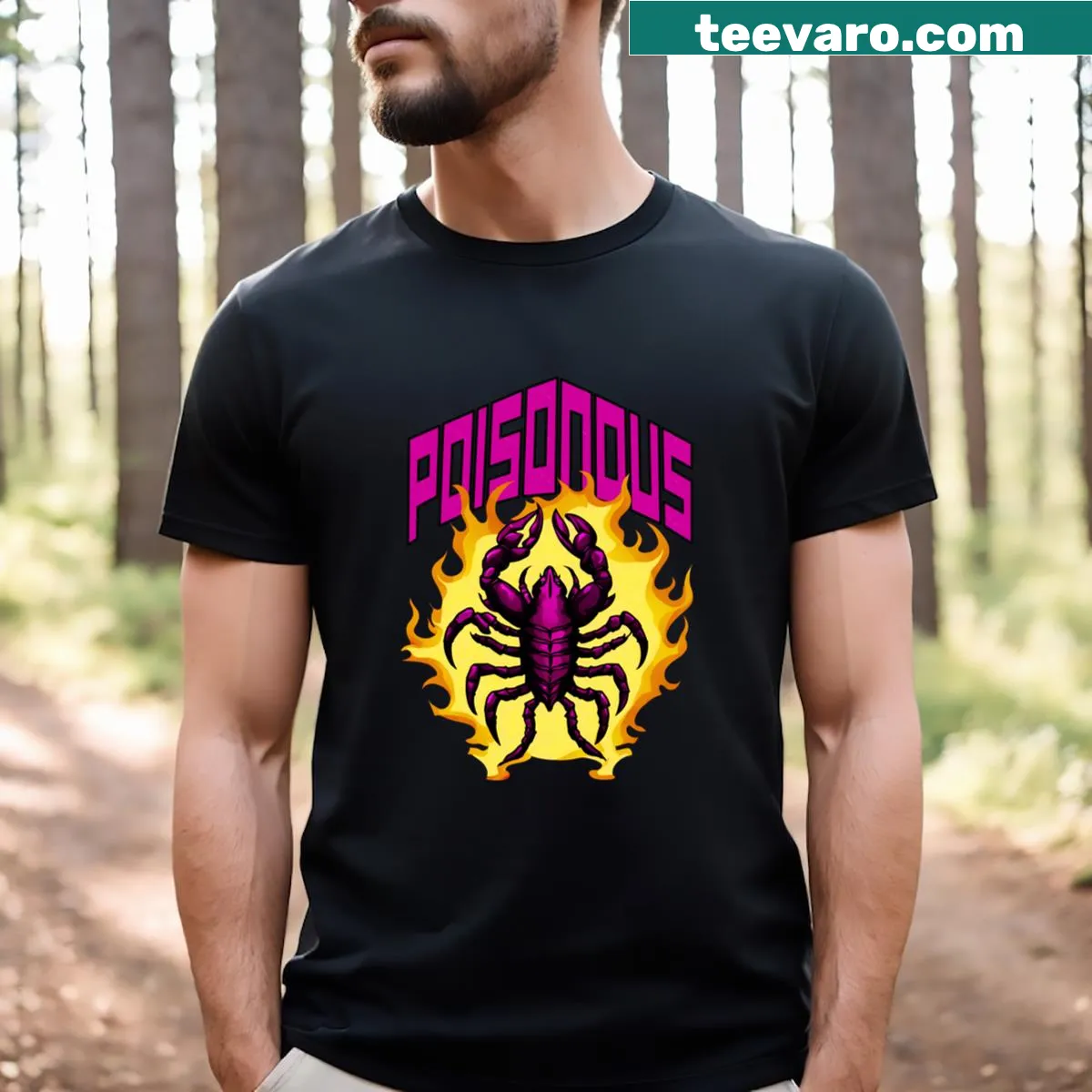 Edgy Scorpio zodiac sign t-shirt featuring venomous design — on a men's t-shirt
