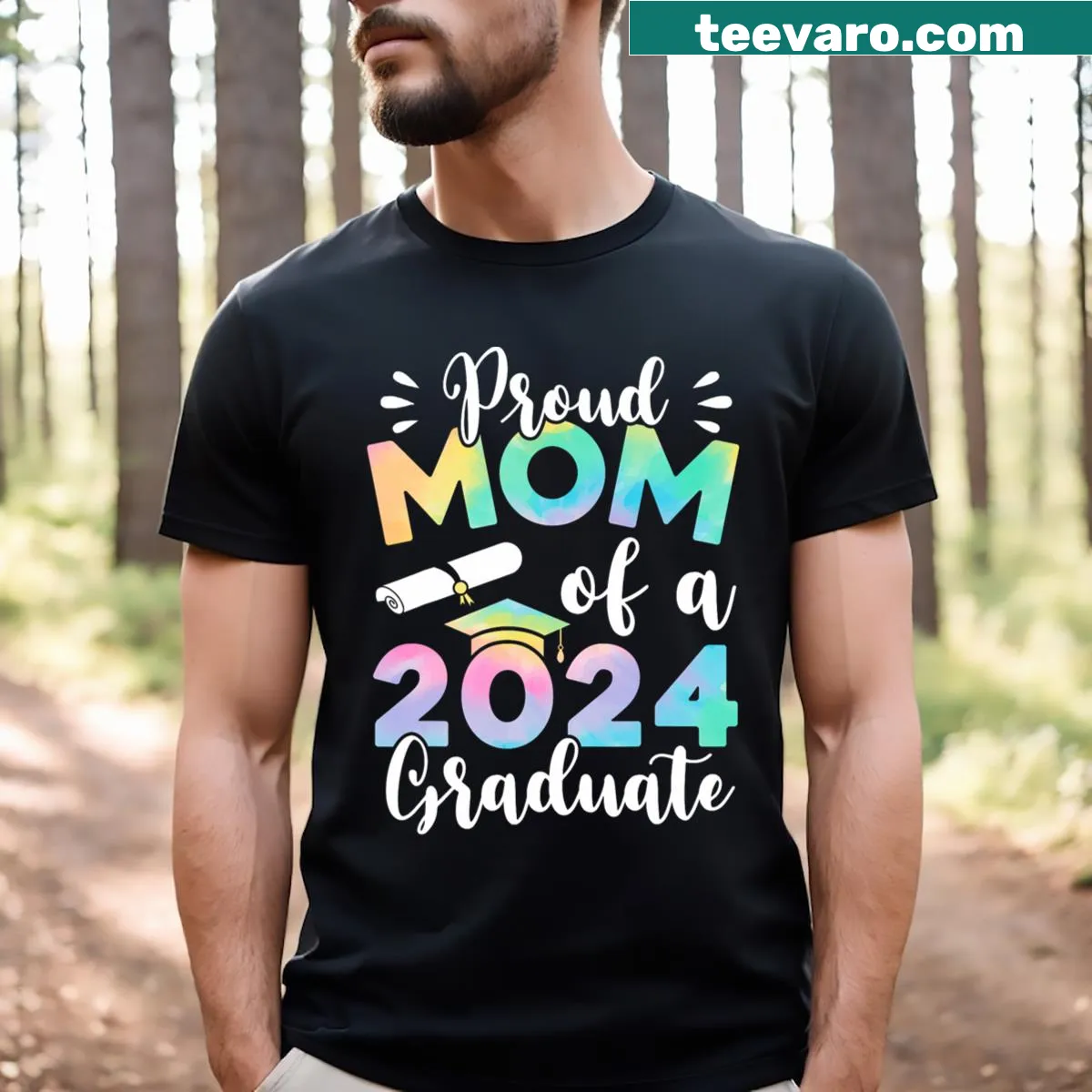 Proud Mom Of A Class Of 2024 Graduate t-shirt with bold text — on a men's t-shirt