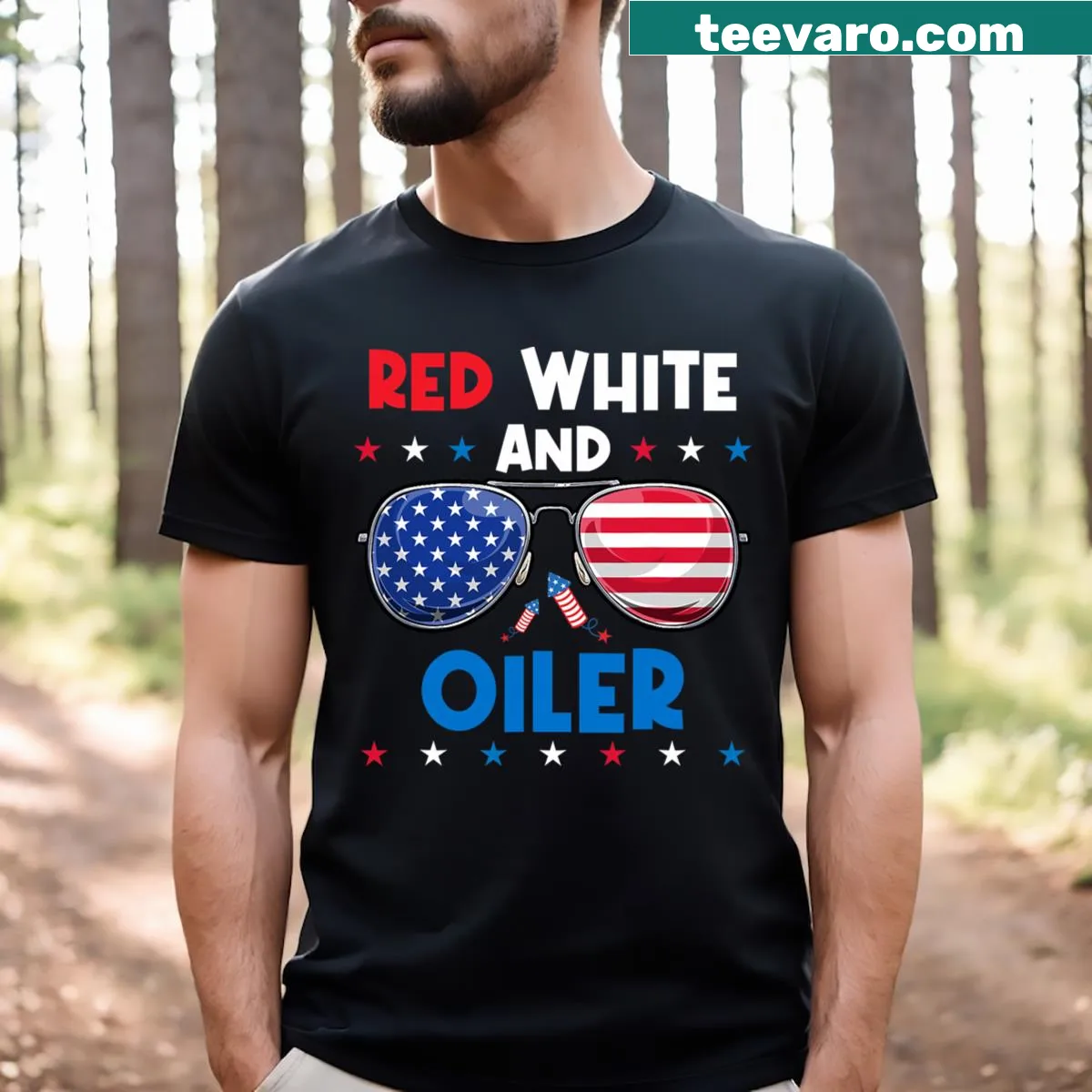 T-shirt with illustration of sunglasses featuring American flag design — on a men's t-shirt