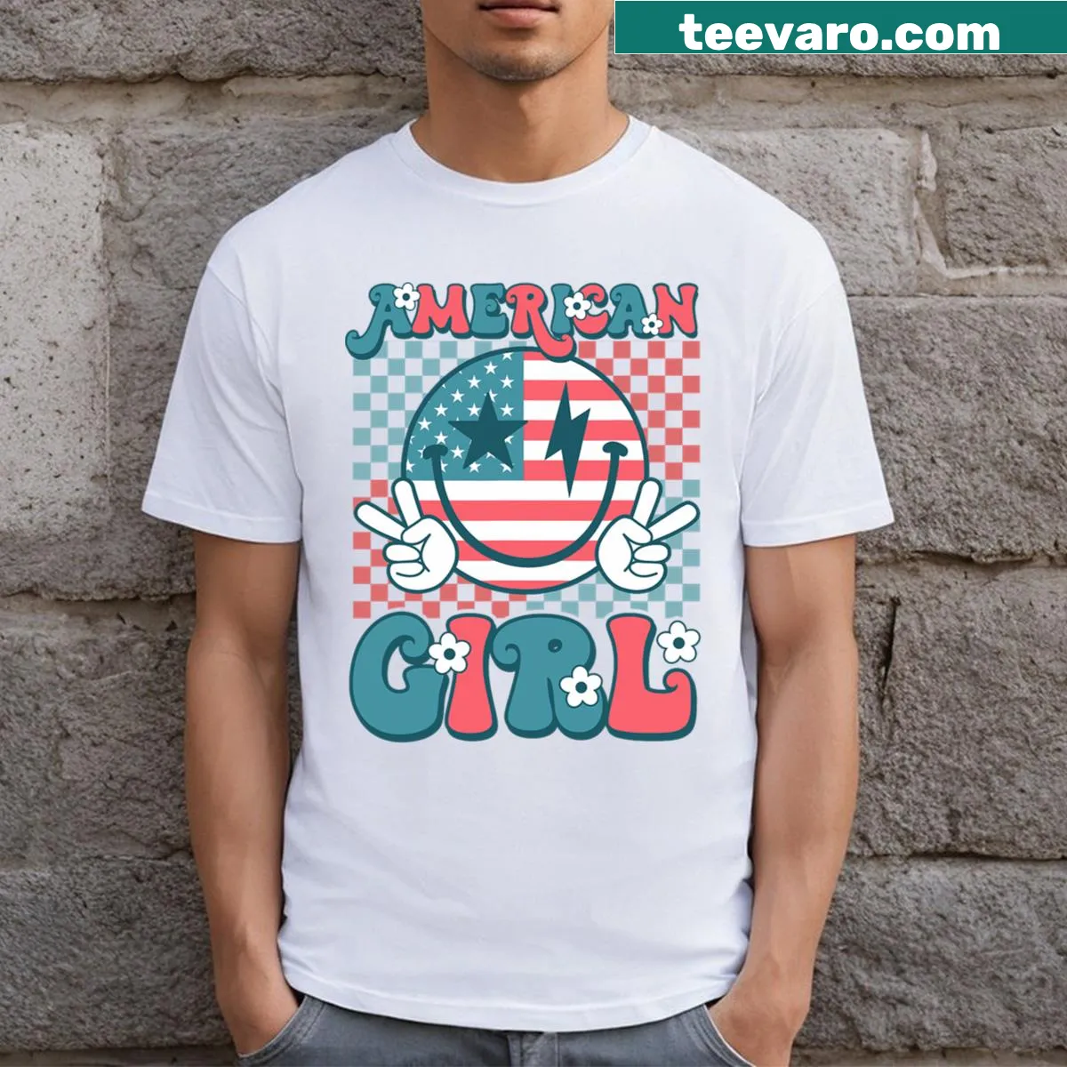Groovy American flag themed t-shirt for kids — on a men's t-shirt