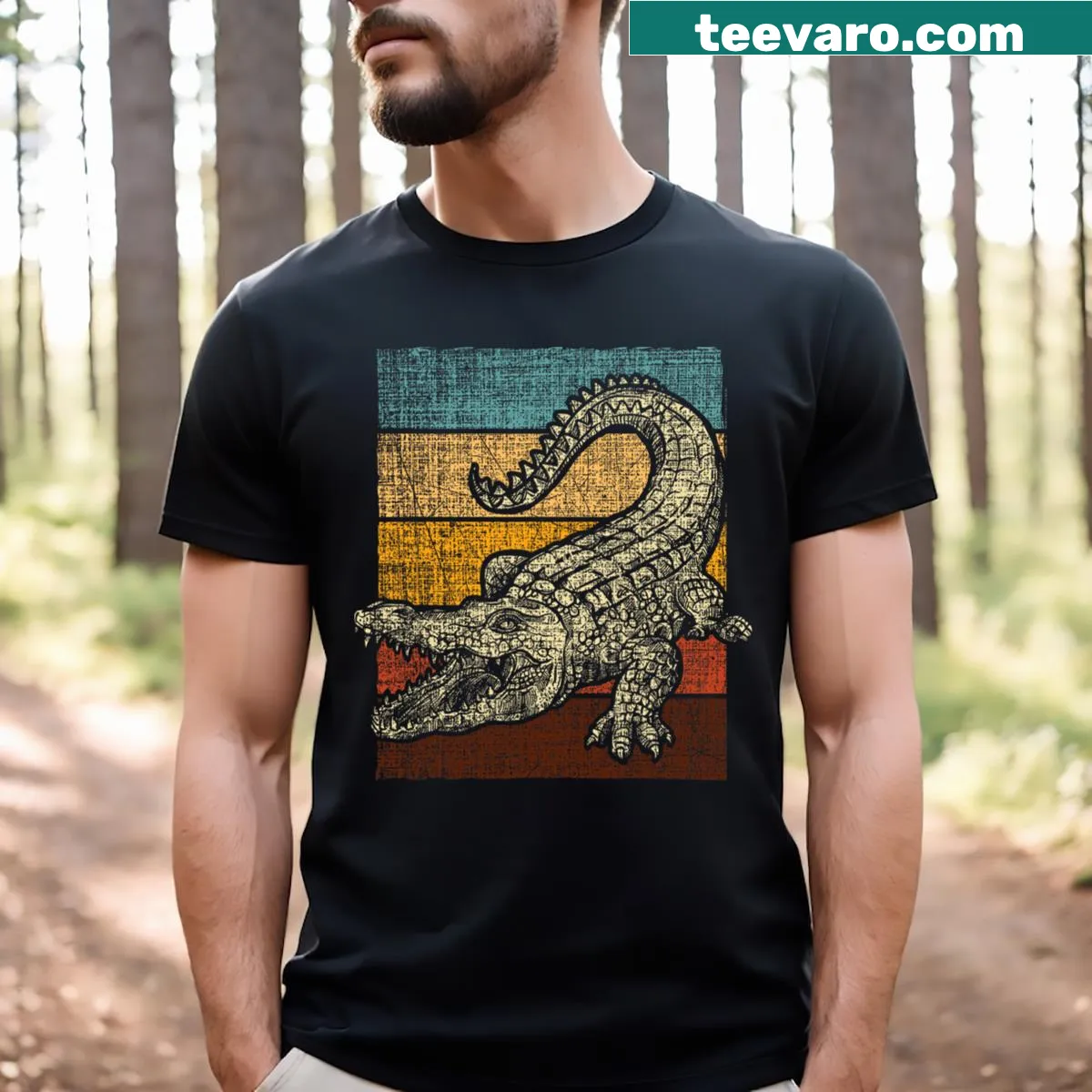 Vintage-style T-shirt featuring a playful alligator graphic — on a men's t-shirt