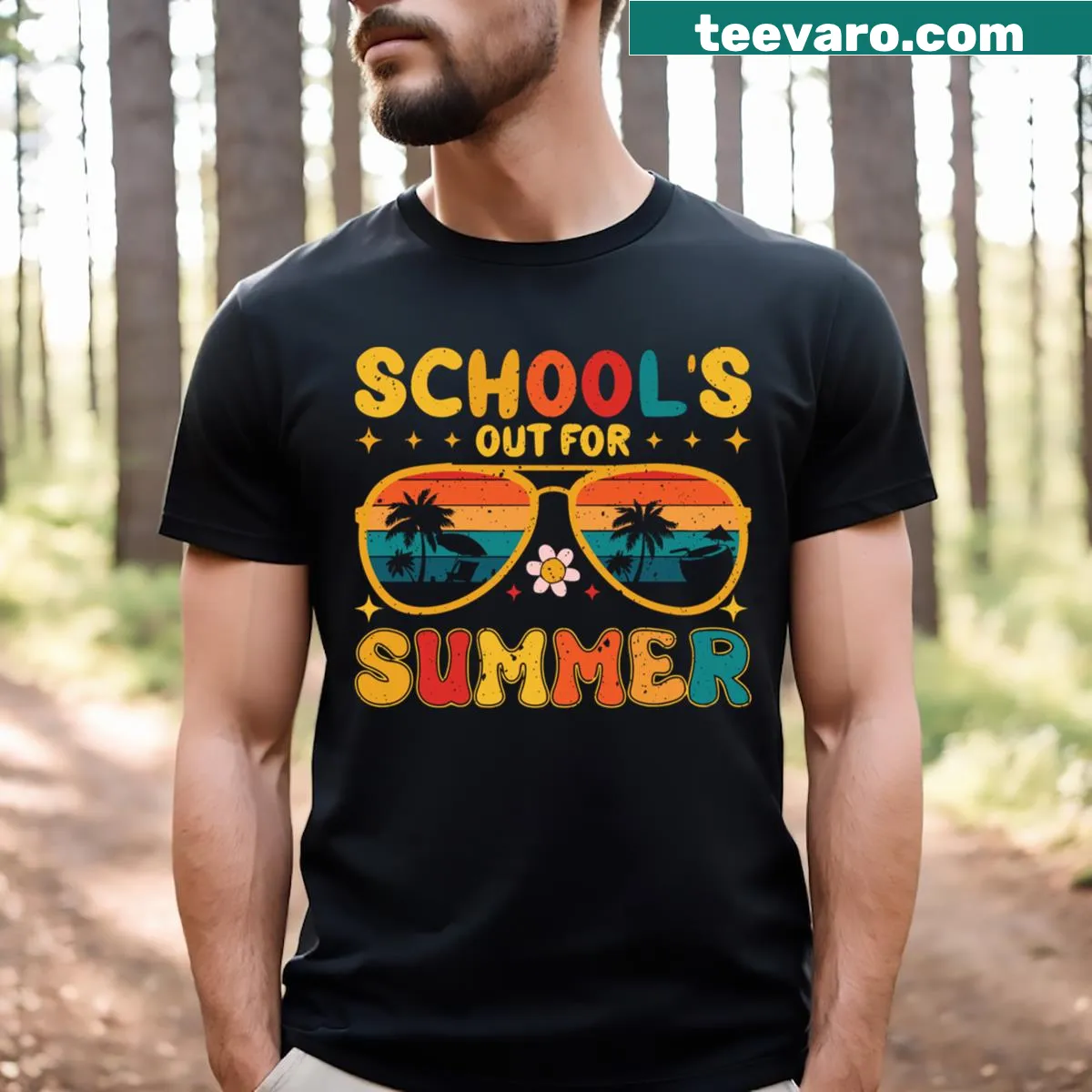 Cheerful 'Schools Out For Summer' text on a T-shirt — on a men's t-shirt