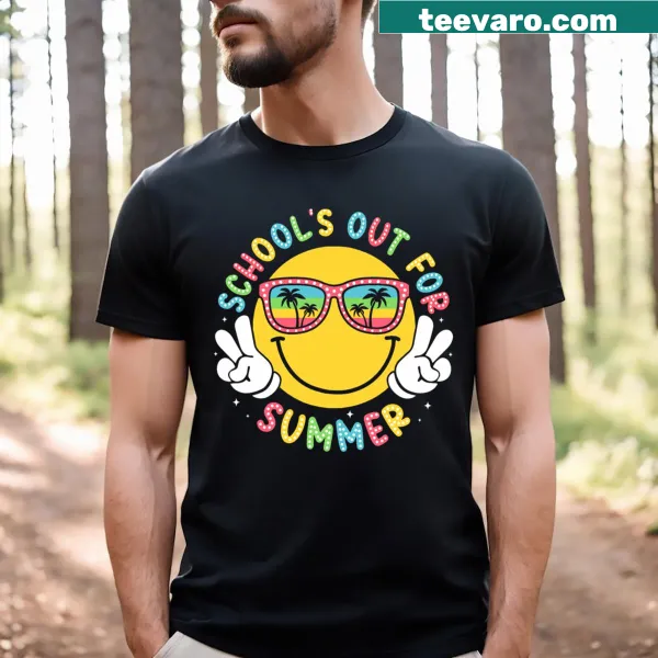 Teacher T-shirt celebrating summer break with playful design