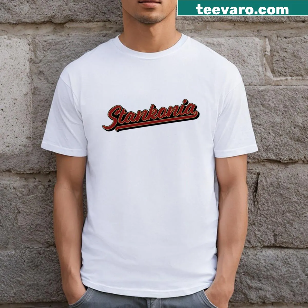 T-shirt with script design of 'Stankonia' title — on a men's t-shirt