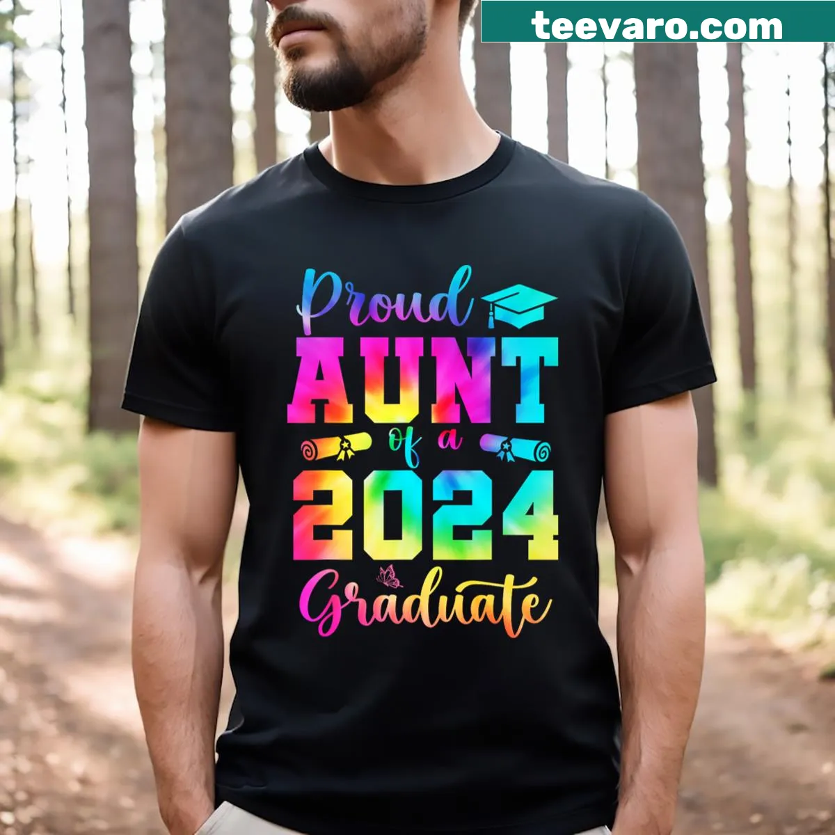 Proud Aunt of a 2024 Graduate t-shirt in bold typography — on a men's t-shirt