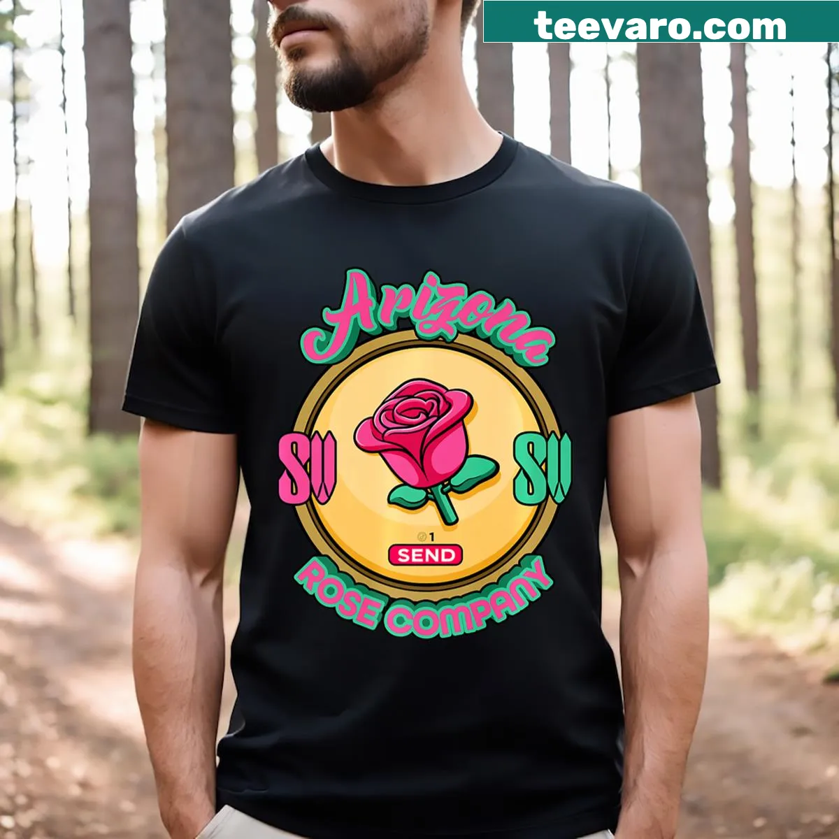 T-shirt with whimsical illustration from Shakevision Rose Co — on a men's t-shirt