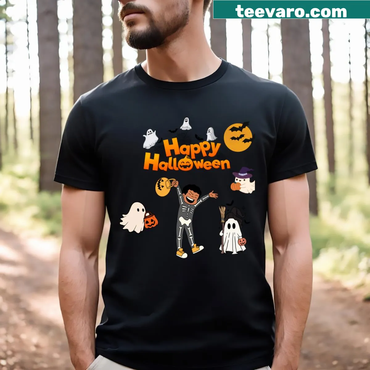 Cheerful ghost graphic for Halloween fun on a T-shirt — on a men's t-shirt