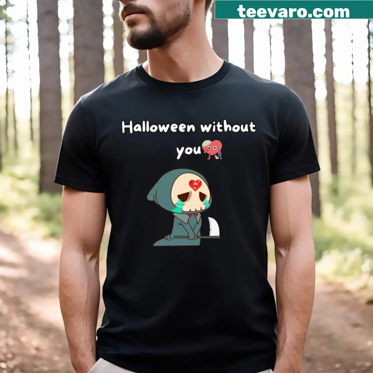 Halloween-themed T-shirt featuring ghosts and pumpkins in a playful design — on a men's t-shirt