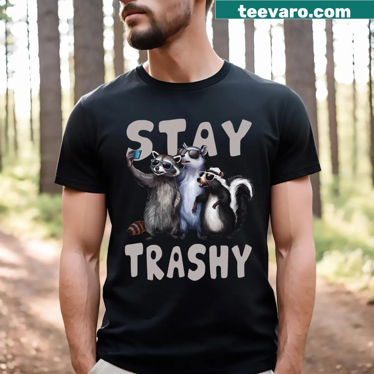 Funny T-shirt with cartoon raccoons and skunks in a playful design — on a men's t-shirt