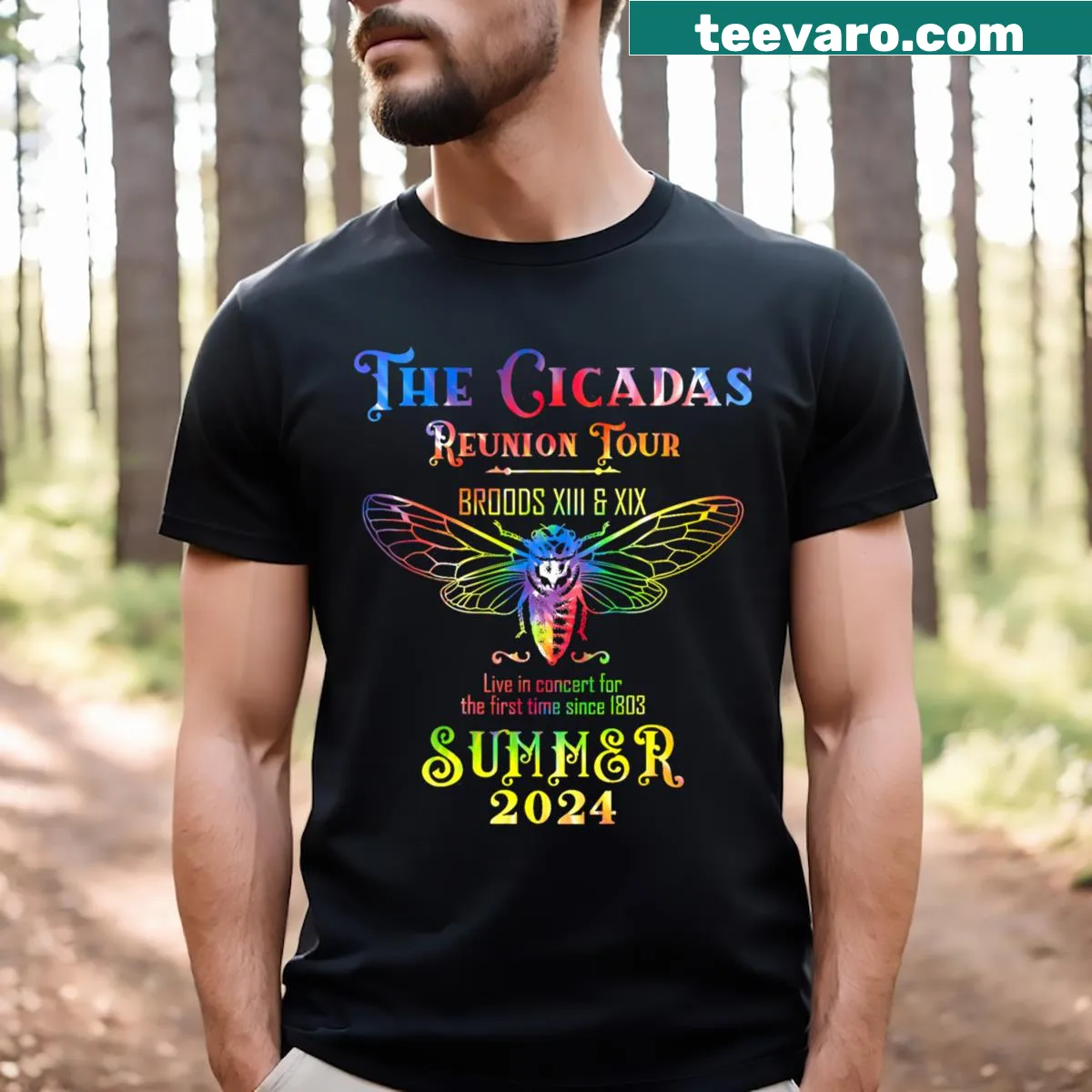 Vintage-style T-shirt commemorating Cicadas Reunion Tour Summer 2024 — on a men's t-shirt