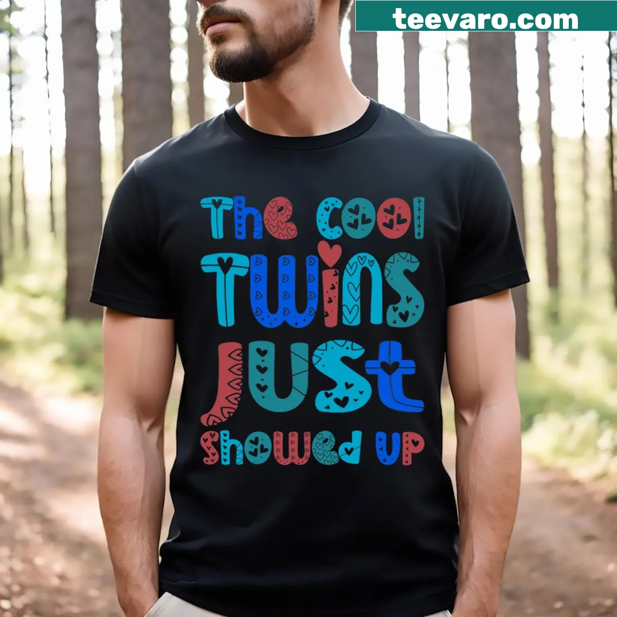 Cartoon T-shirt celebrating twins with the phrase 'The Cool Twins Just Showed Up' — on a men's t-shirt
