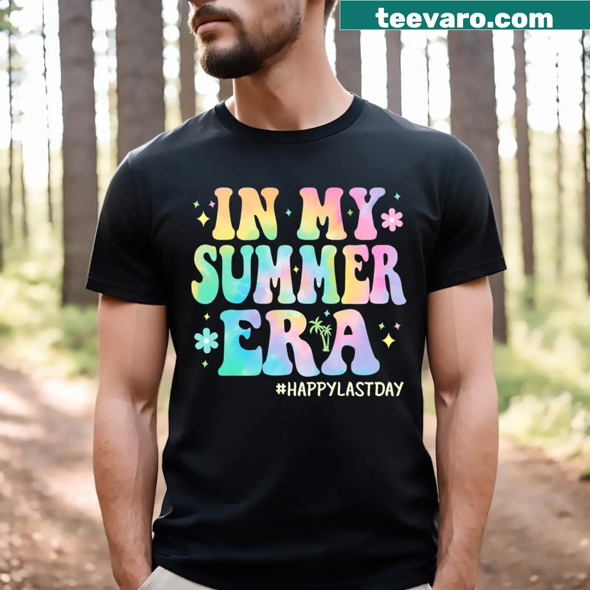 Tie dye teacher t-shirt reading 'In My Summer Era' — on a men's t-shirt