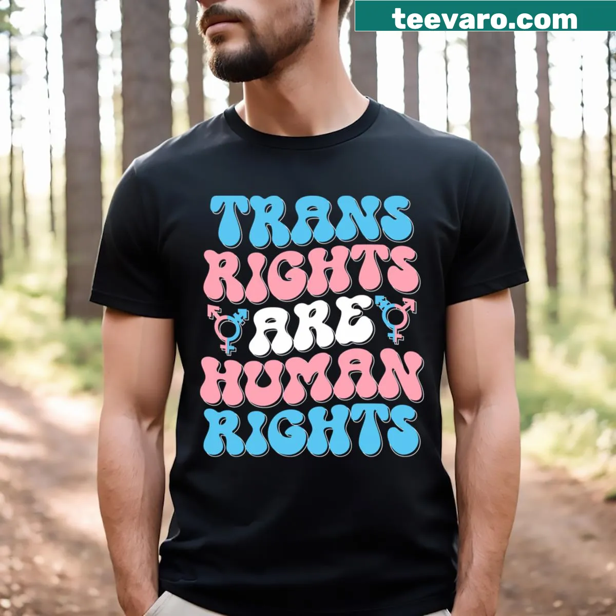 Wavy text T-shirt stating 'Trans Rights Are Human Rights' — on a men's t-shirt