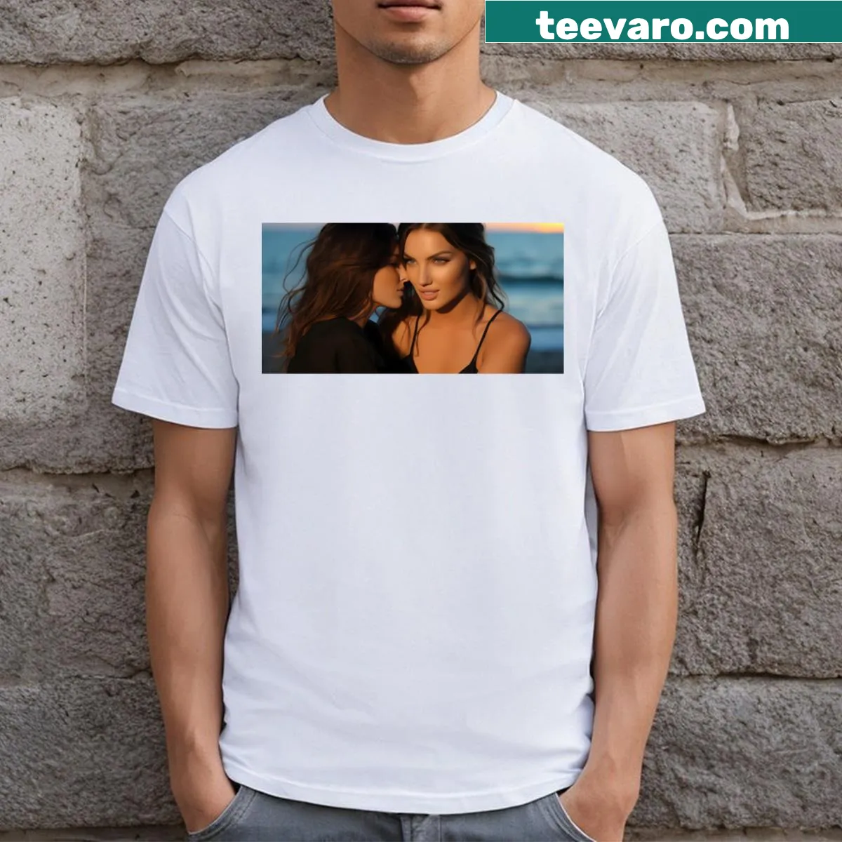 Illustrative T-shirt featuring two figures on the beach — on a men's t-shirt