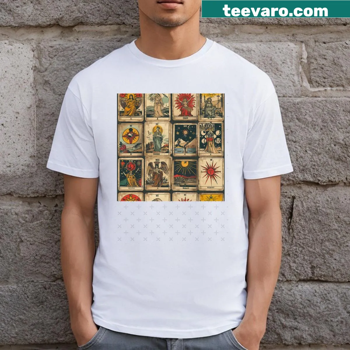Tarot cards collage with zodiac symbols on a vintage-style t-shirt. — on a men's t-shirt
